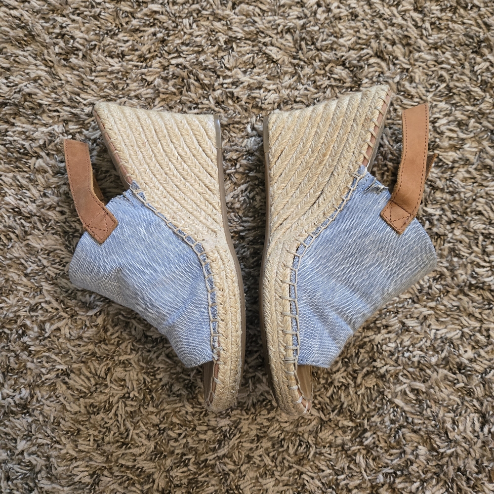 Toms Blue Denim Espadrille Wedge Sandals with Tan Strap - Picture 4 of 5